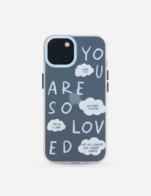 Frosted blue phone case with centered white word art and dual camera cutouts