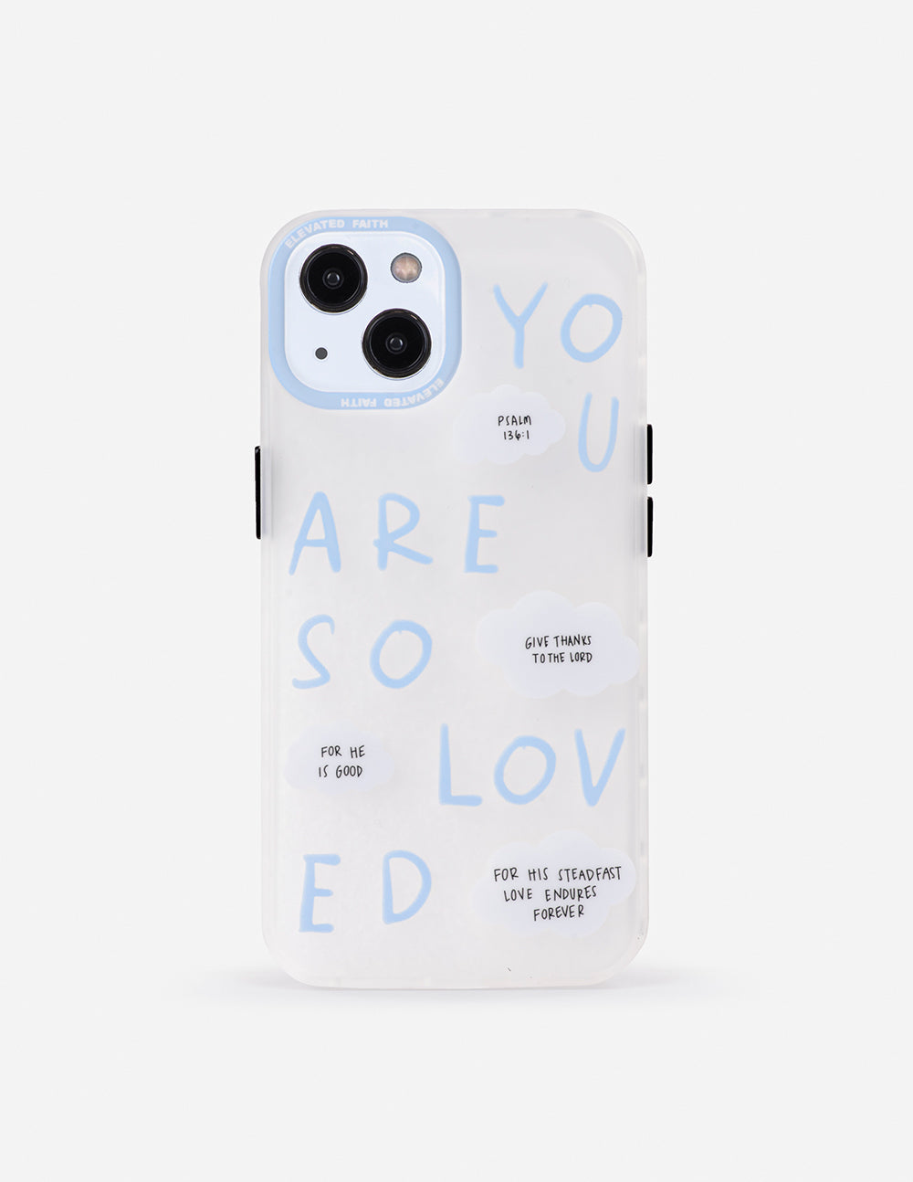 Frosted pale blue phone case with white word art and dual camera cutouts