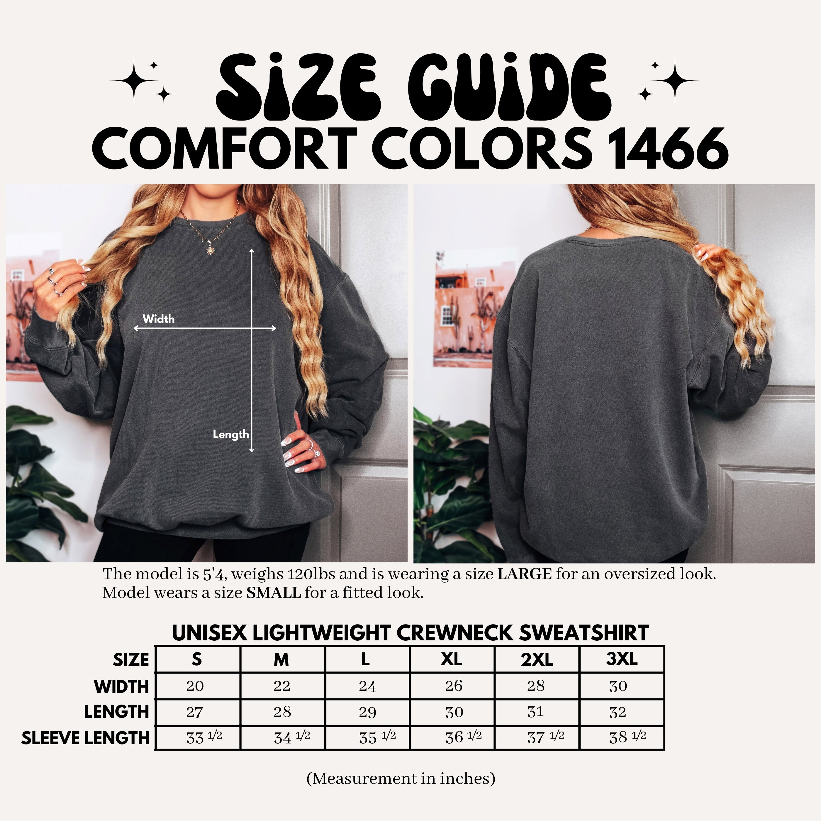 Comfort Colors 1466 unisex sweatshirt size chart with width and length measurements