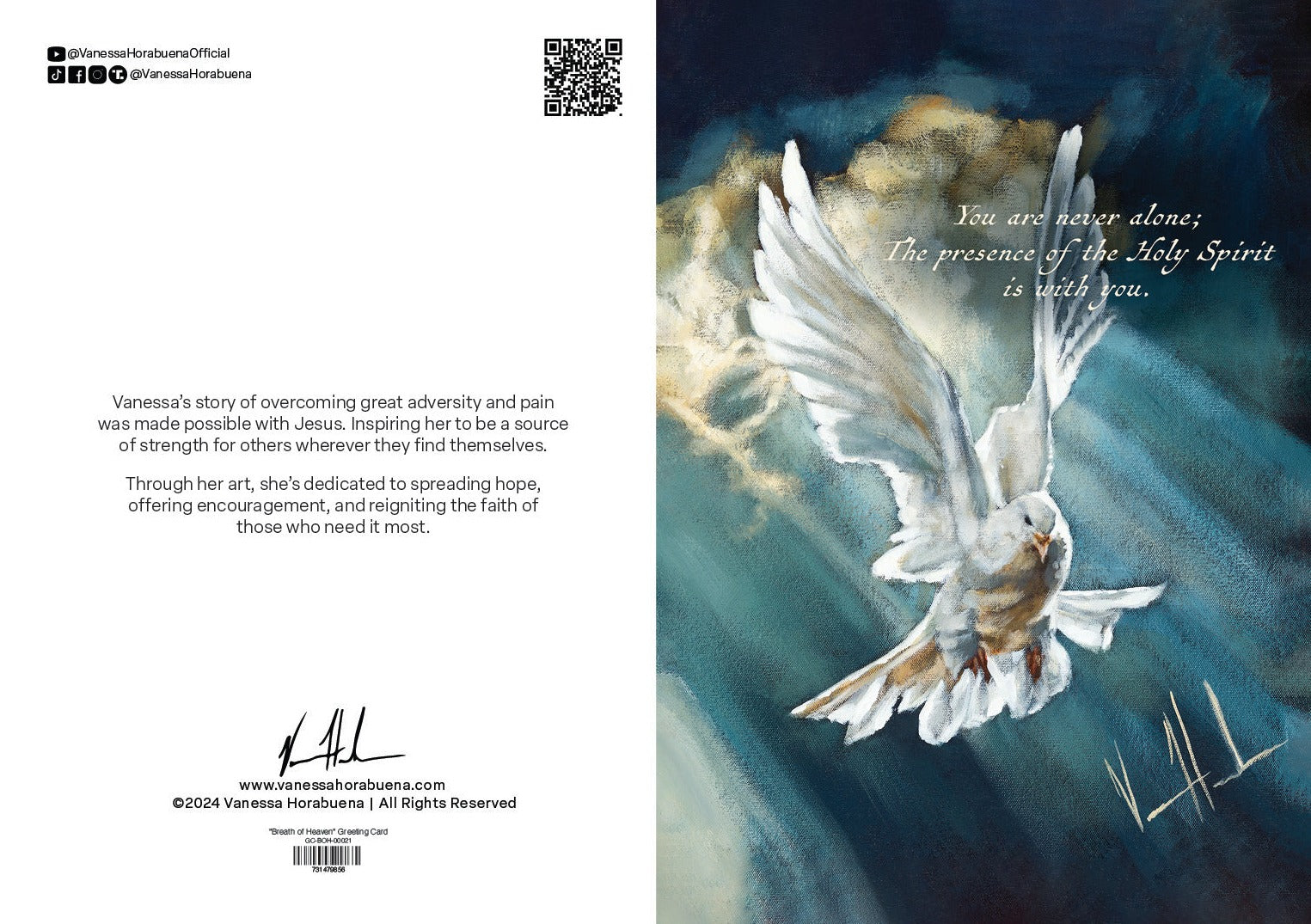 Greeting card back with printed text, QR code, and blue dove artwork on right