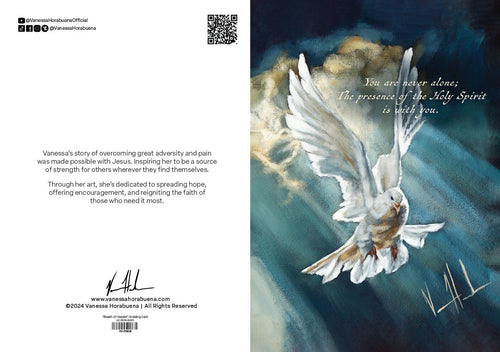 Greeting card back with printed text, QR code, and blue dove artwork on right