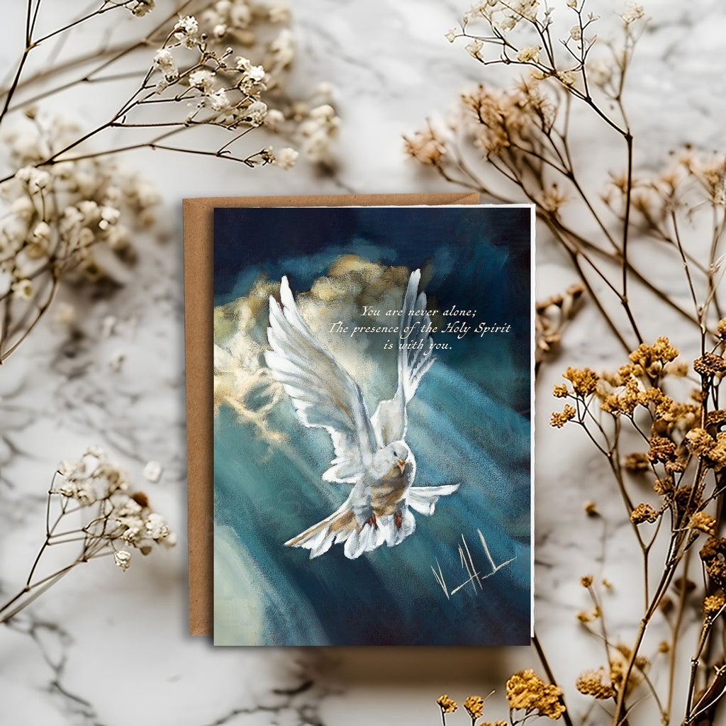 Greeting card with blue dove illustration and soft white wings on a dark border
