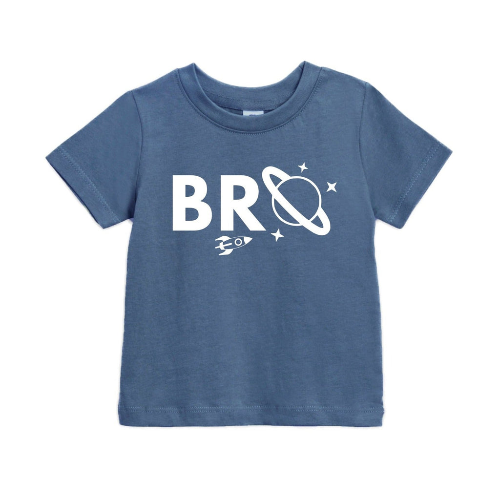 Baby and kids space-themed T-shirt, heather blue with white “BRO” graphic across chest.