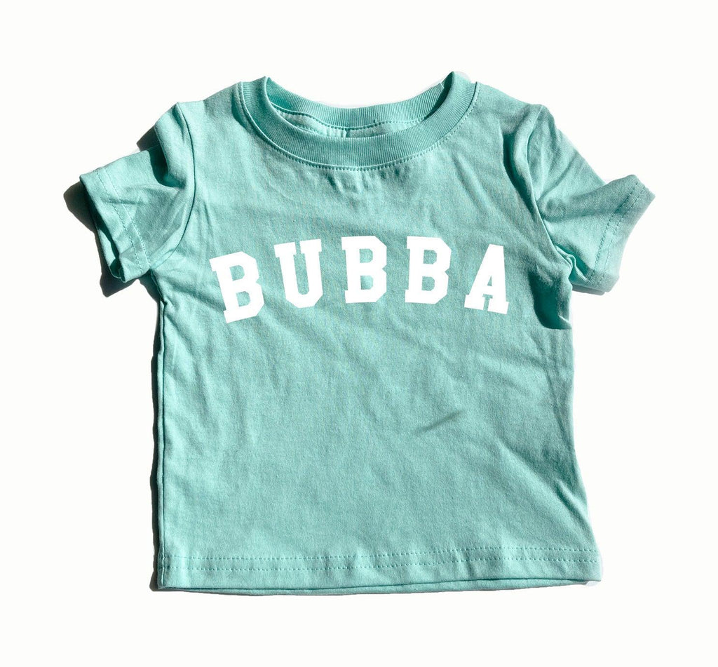 Mint baby boy T-shirt with white 'BUBBA' lettering on the front