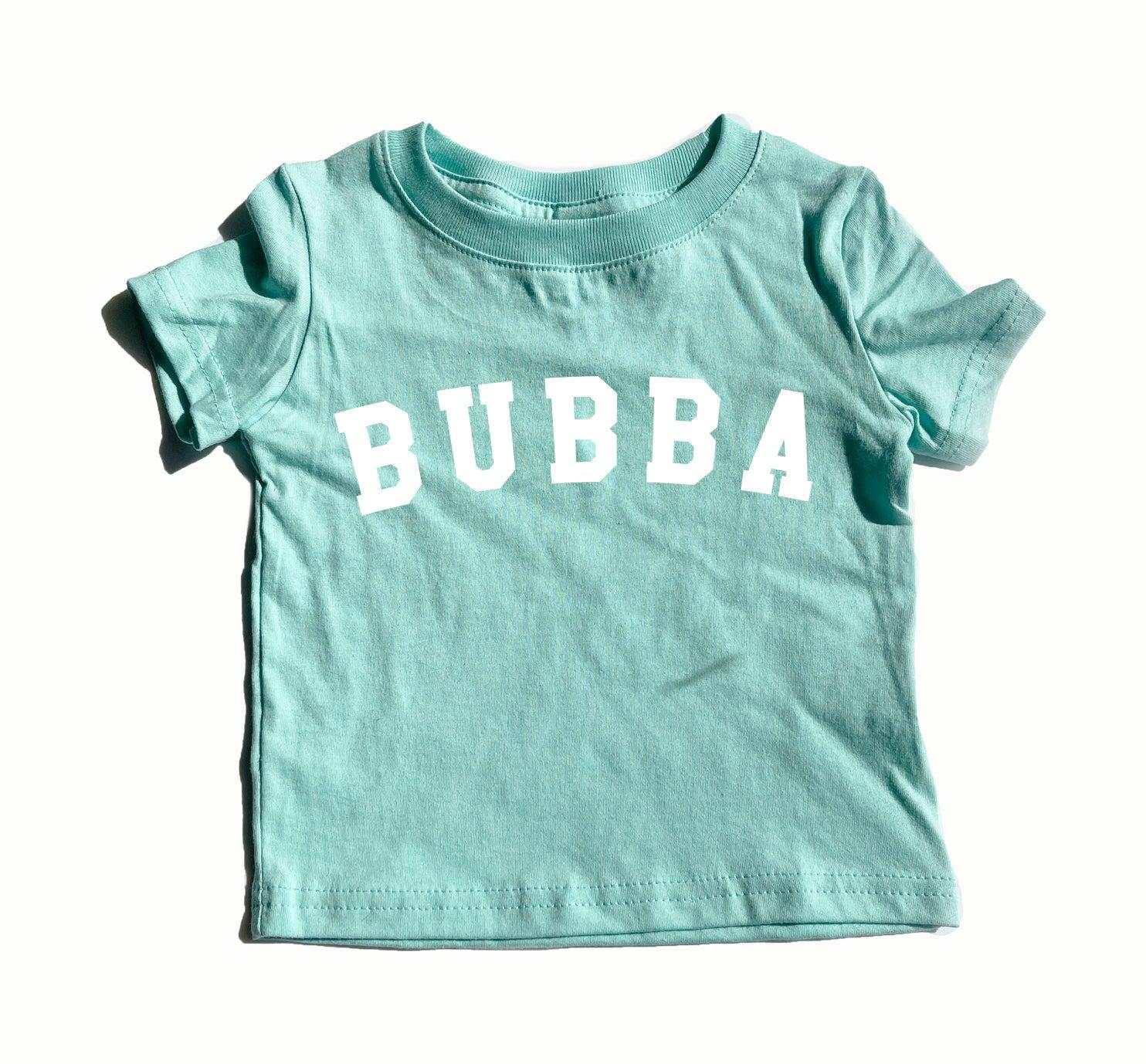 Mint baby boy T-shirt with white 'BUBBA' lettering on the front