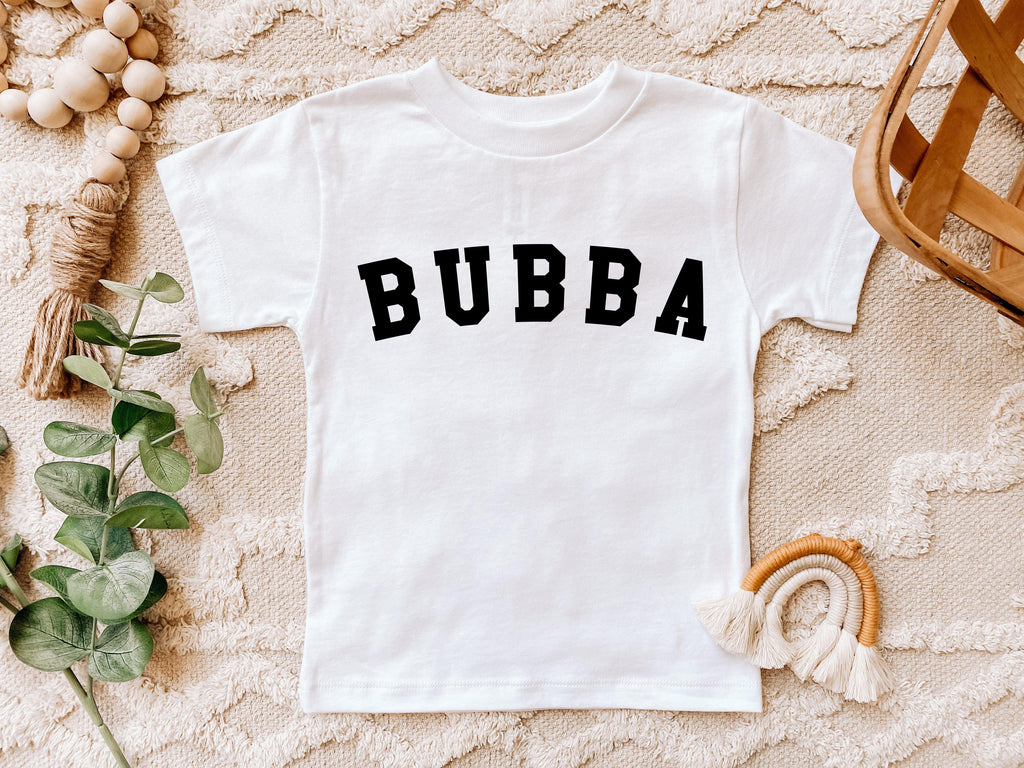 White baby boy T-shirt with black 'BUBBA' front graphic