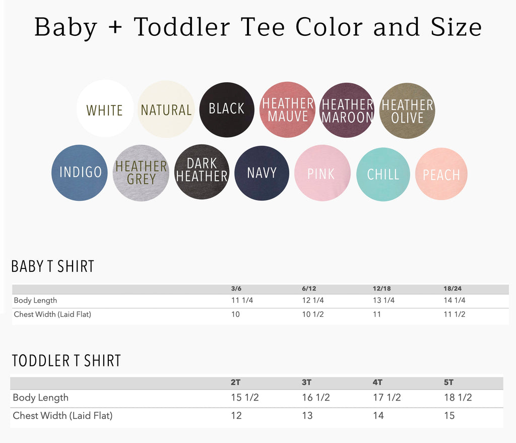 Baby + toddler tee color and size chart with color dots and size rows