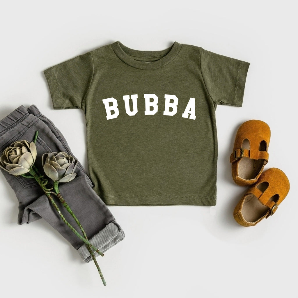Olive baby boy T-shirt with white 'BUBBA' front print