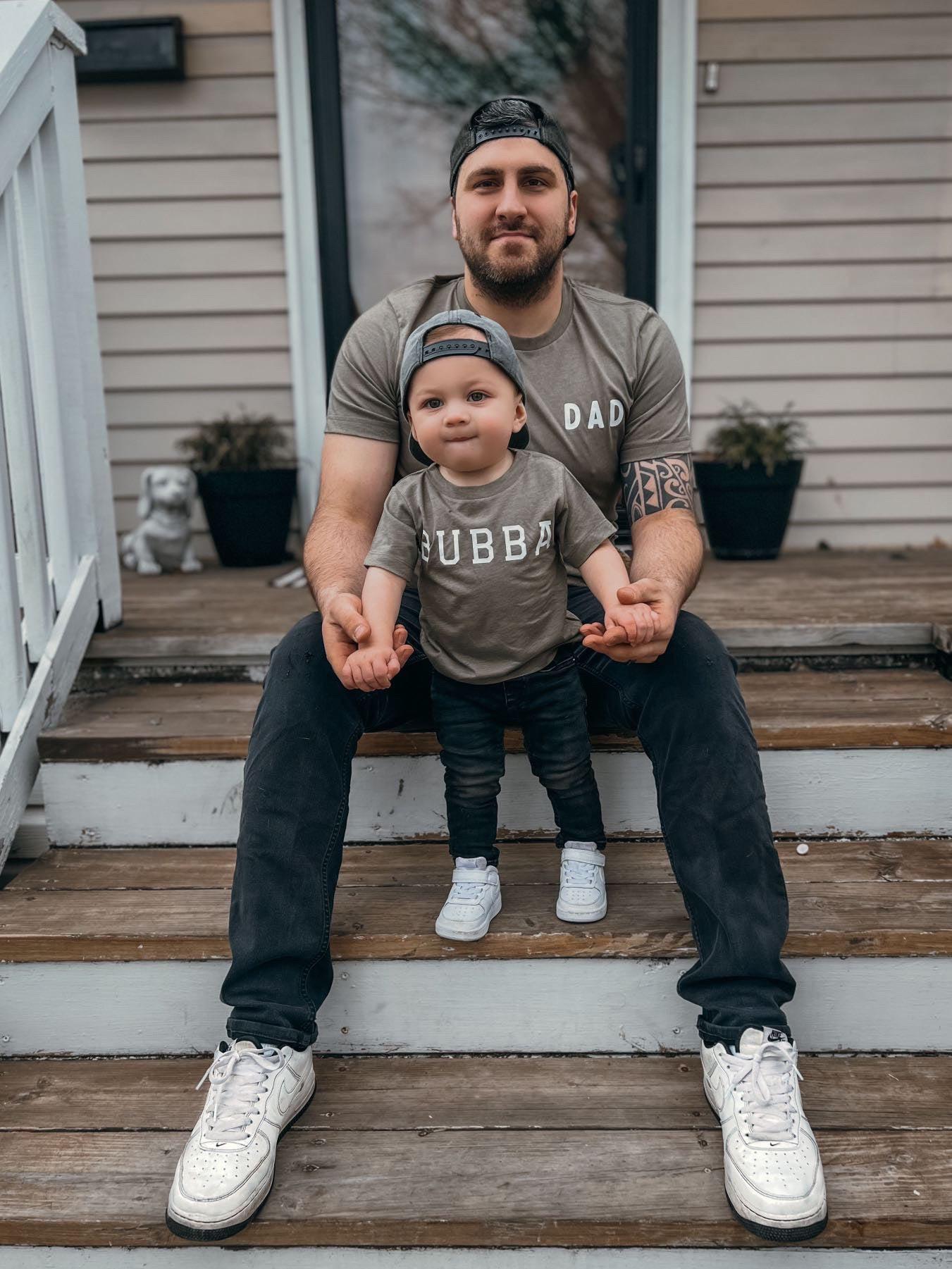 Heather gray baby and toddler t-shirt with crew neck, short sleeves, BUBBA graphic