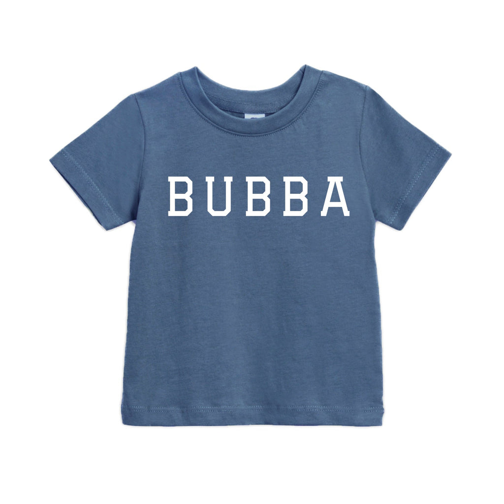 Blue baby and toddler t-shirt with crew neck, short sleeves, BUBBA graphic print