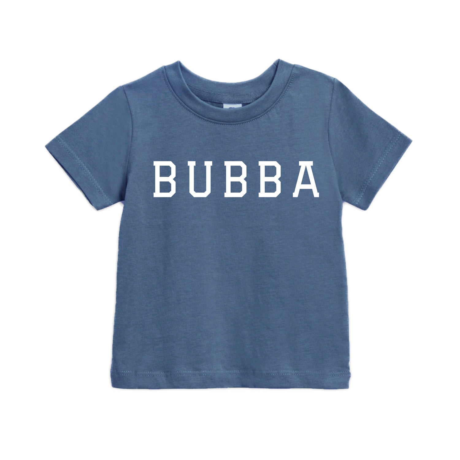 Blue baby and toddler t-shirt with crew neck, short sleeves, BUBBA graphic print