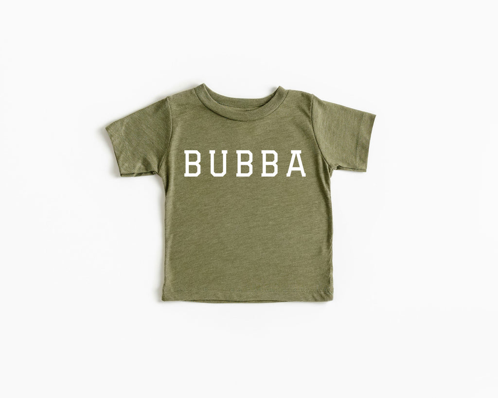 Olive baby and toddler t-shirt with crew neck, short sleeves, BUBBA graphic print