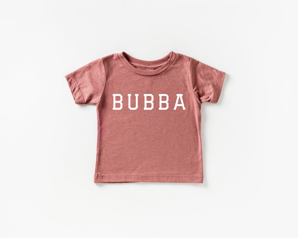 Rose pink baby and toddler t-shirt with crew neck, short sleeves, BUBBA graphic print