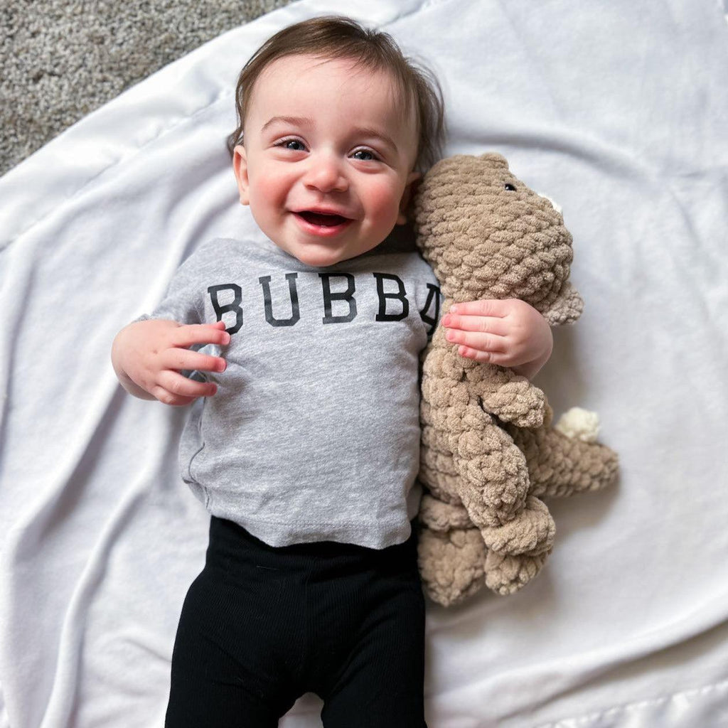 Heather gray baby and toddler t-shirt with short sleeves, crew neck, BUBBA graphic