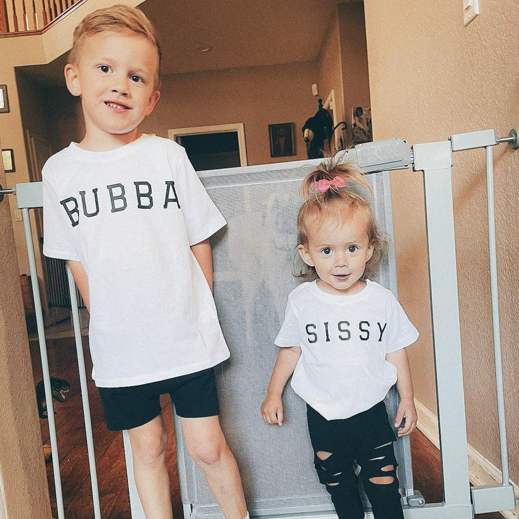 Kids short-sleeve T-shirt, white with black BUBBA varsity lettering