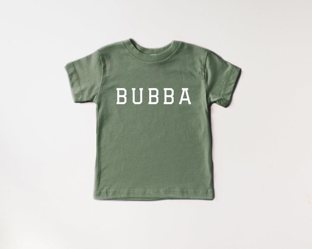Kids short-sleeve T-shirt, green with white BUBBA varsity print