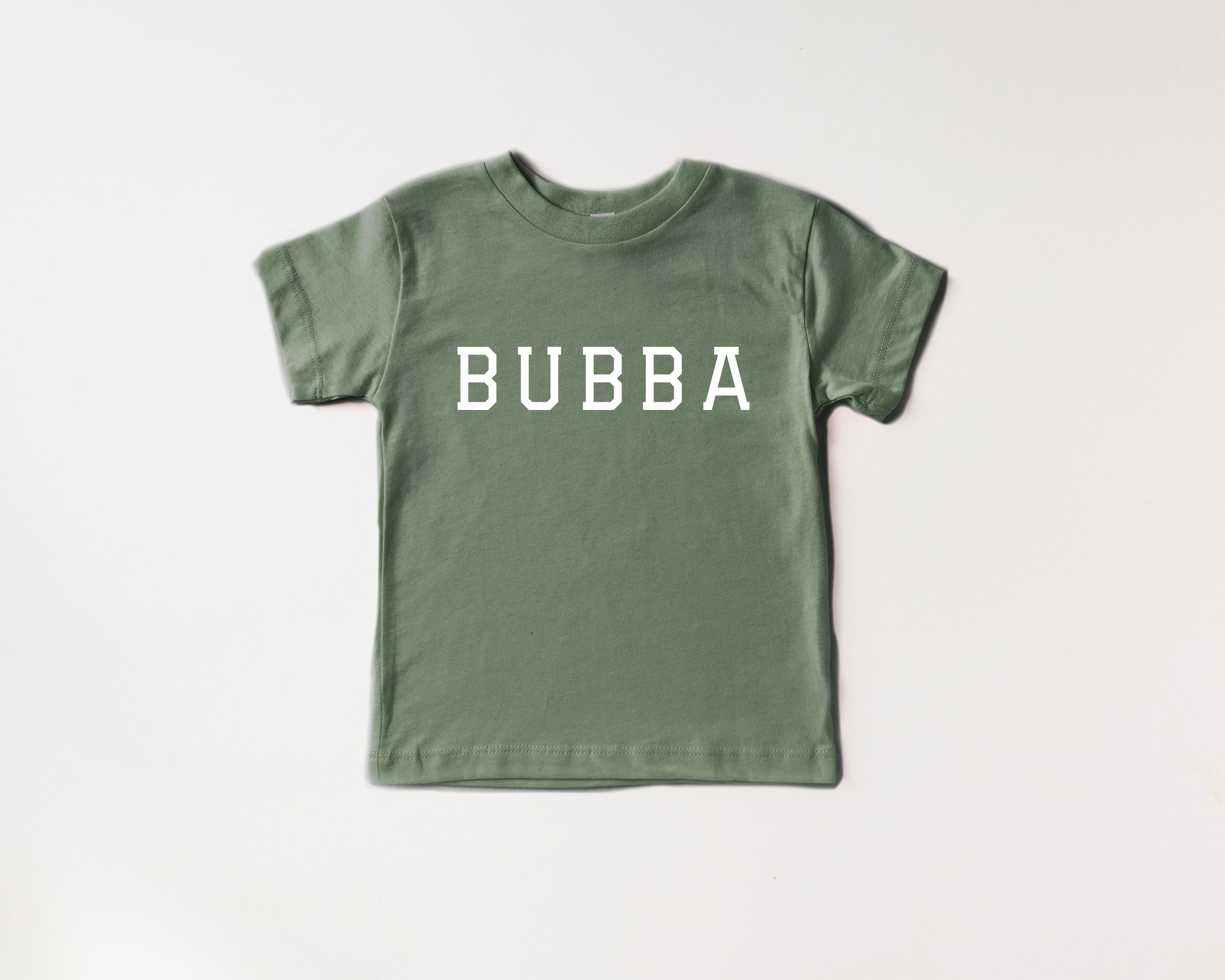 Kids short-sleeve T-shirt, green with white BUBBA varsity print