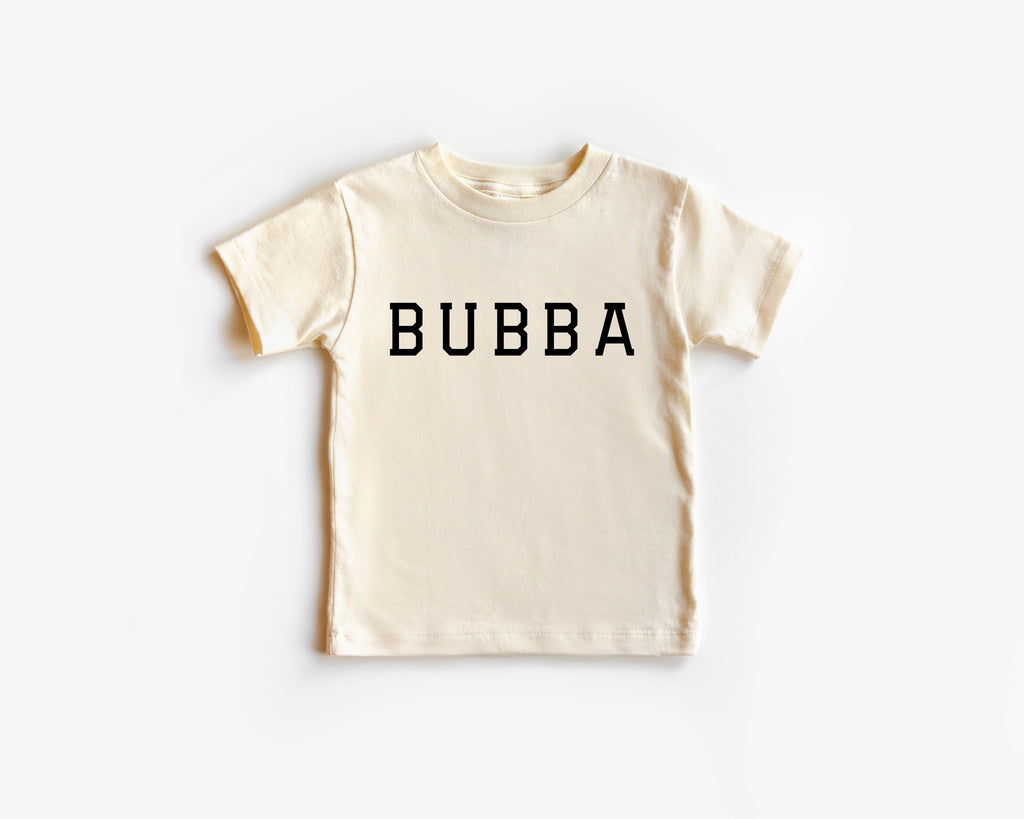 Kids short-sleeve T-shirt, natural with black BUBBA varsity lettering