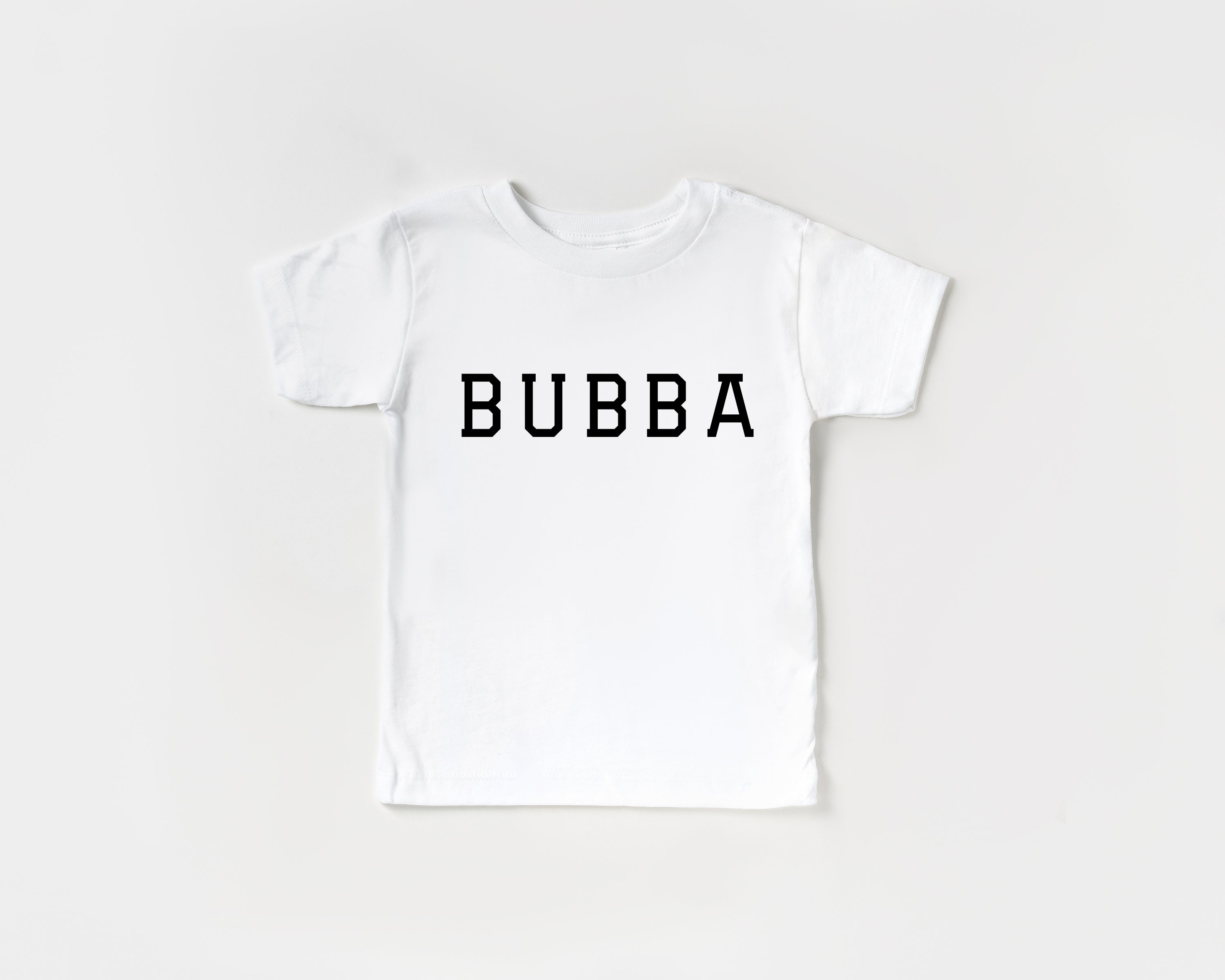 Kids short-sleeve T-shirt, white with black BUBBA varsity lettering