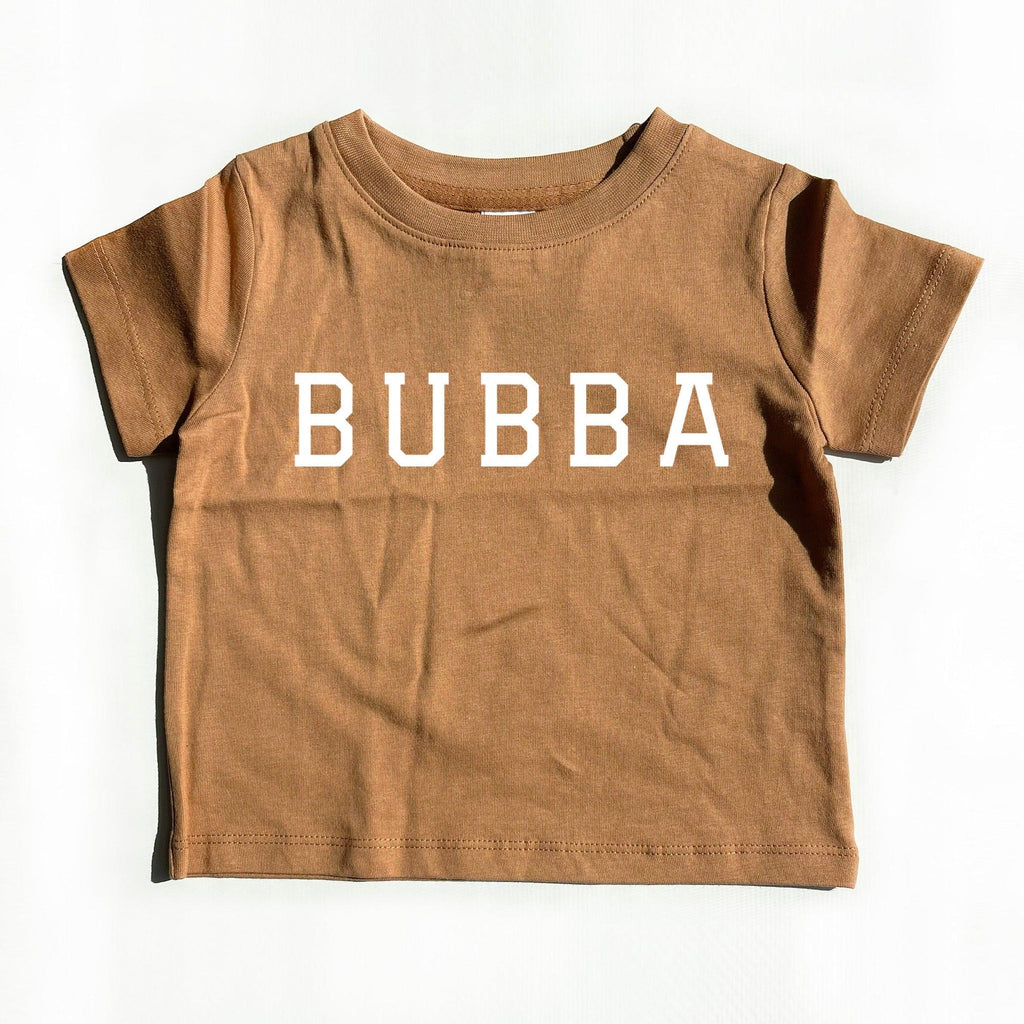 Baby and kids short-sleeve T-shirt, brown with white BUBBA varsity print