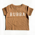 Baby and kids short-sleeve T-shirt, brown with white BUBBA varsity print