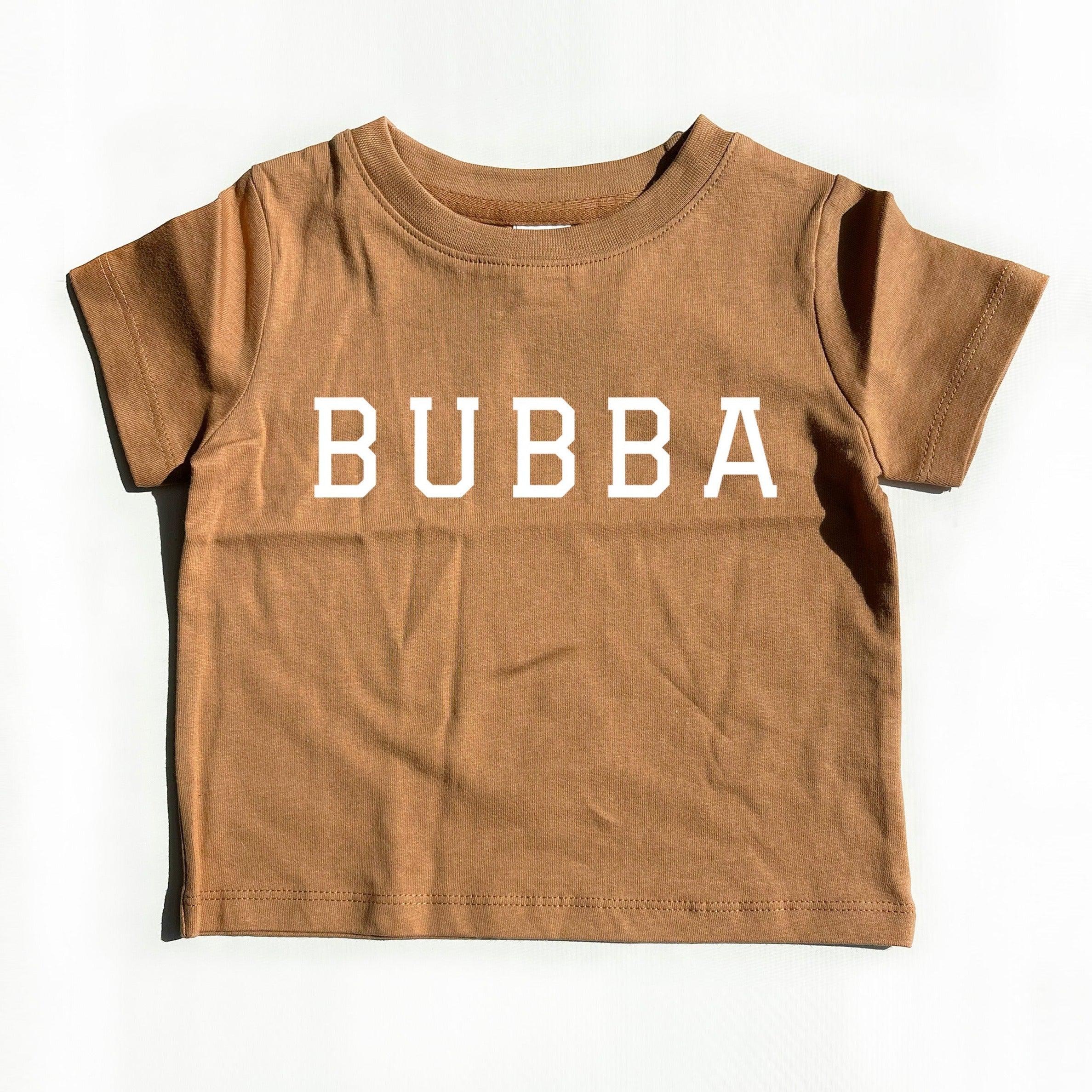 Baby and kids short-sleeve T-shirt, brown with white BUBBA varsity print
