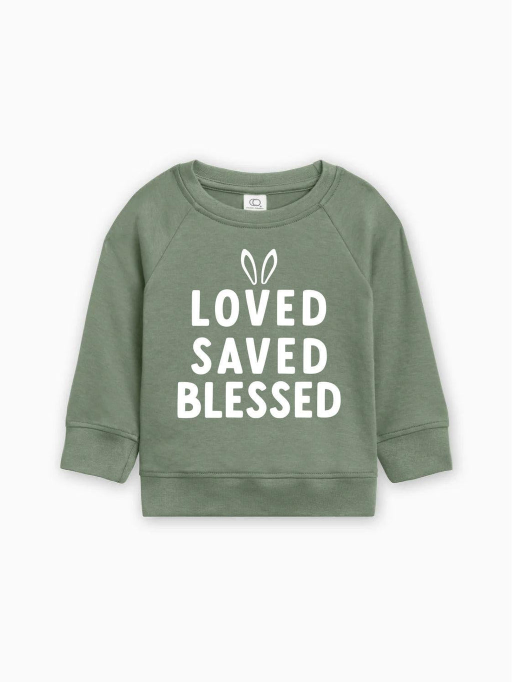 Green baby pullover sweatshirt with 'LOVED SAVED BLESSED' bunny graphic