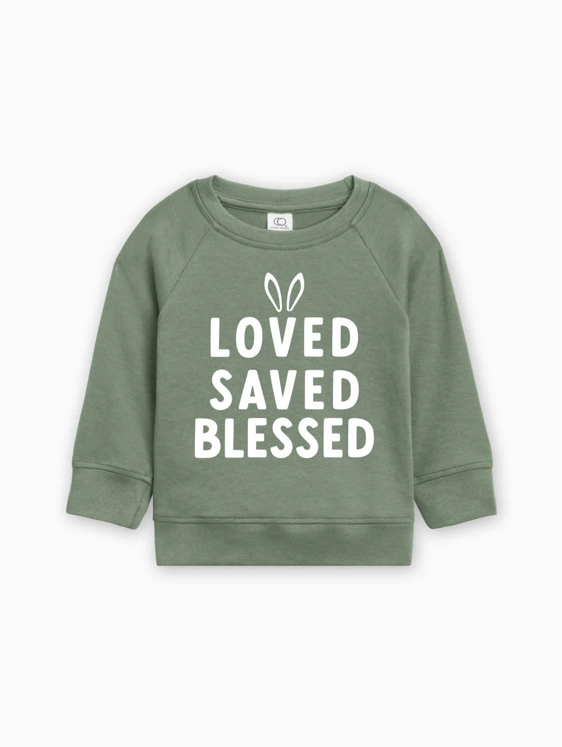 Green baby pullover sweatshirt with 'LOVED SAVED BLESSED' bunny graphic