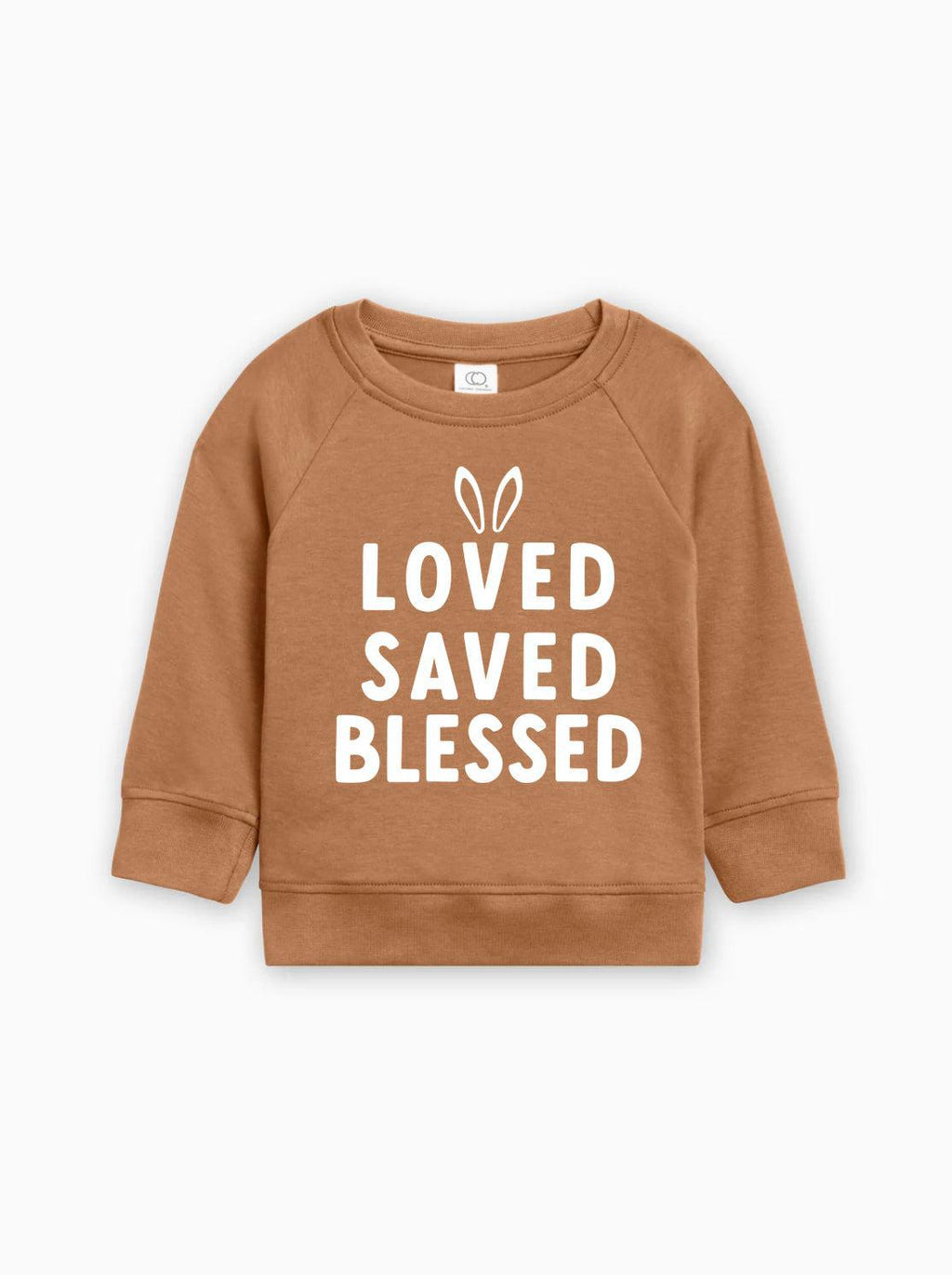 Brown baby pullover sweatshirt with 'LOVED SAVED BLESSED' bunny graphic