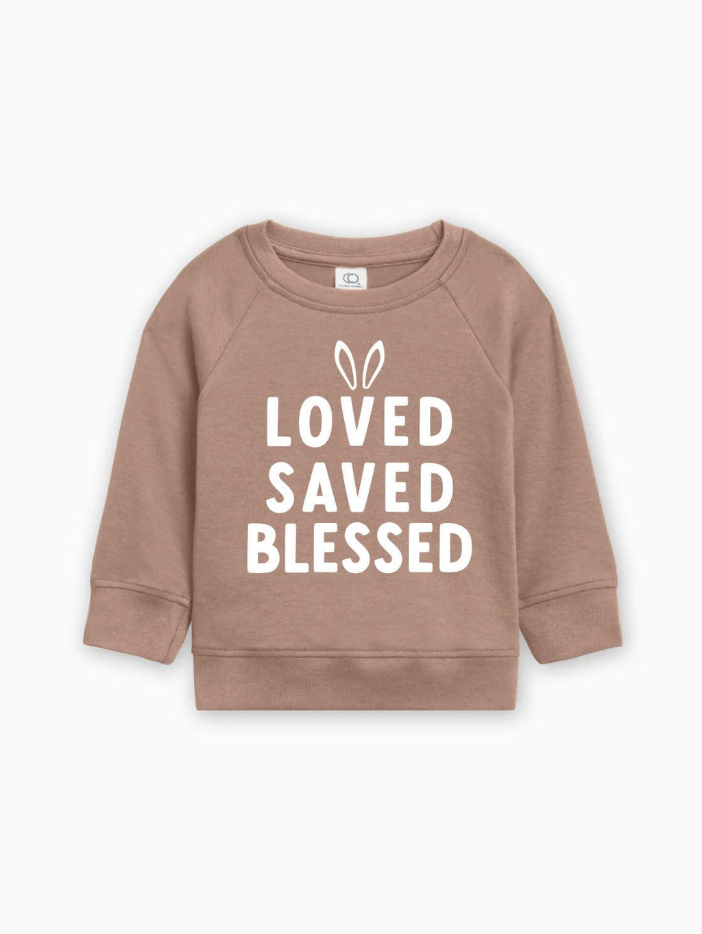 Taupe baby pullover sweatshirt with 'LOVED SAVED BLESSED' bunny graphic