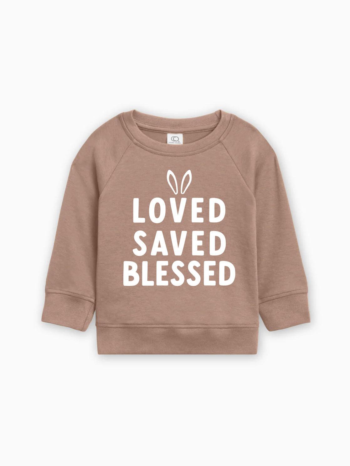 Taupe baby pullover sweatshirt with 'LOVED SAVED BLESSED' bunny graphic