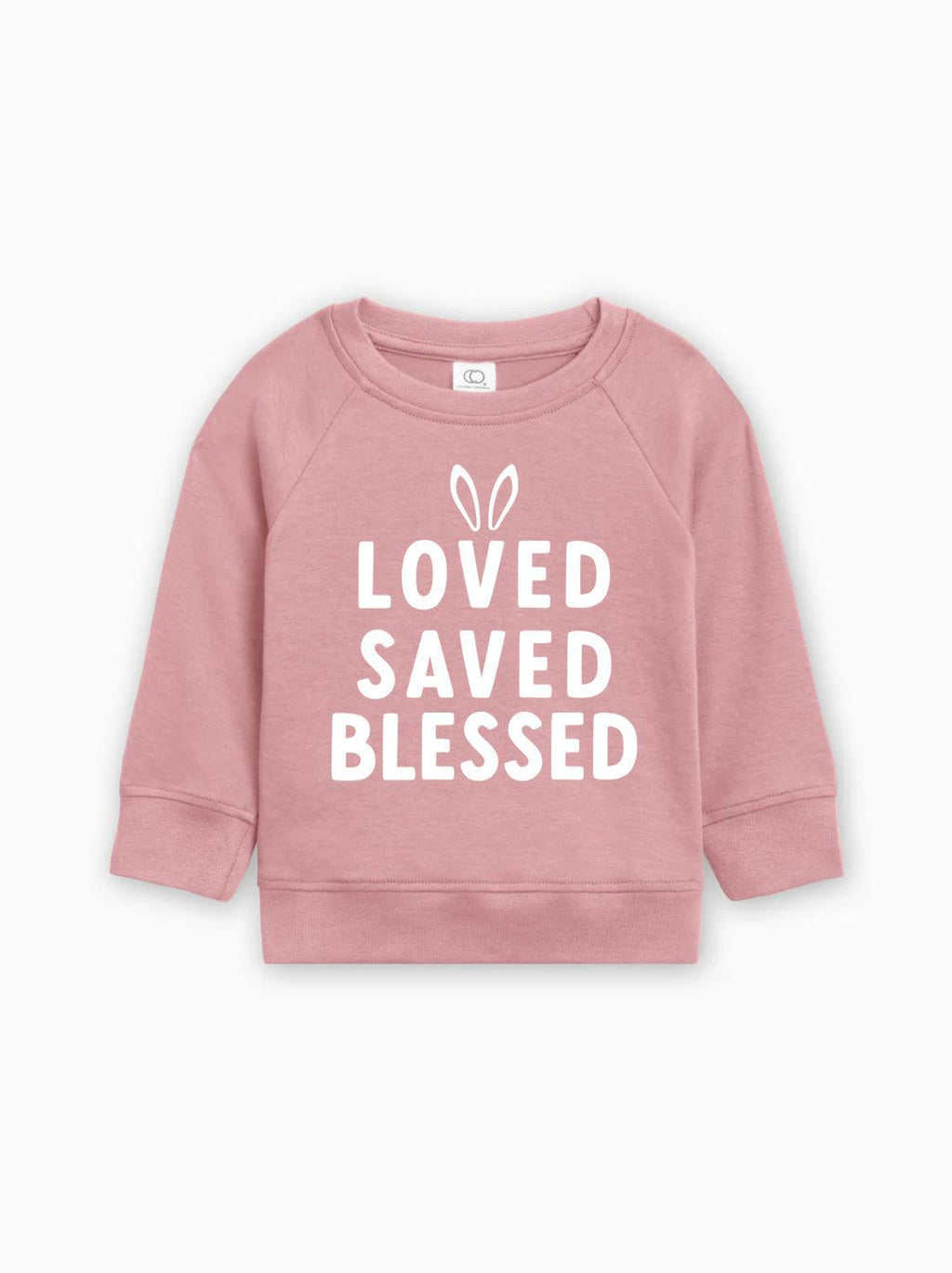 Pink baby pullover sweatshirt with 'LOVED SAVED BLESSED' bunny graphic