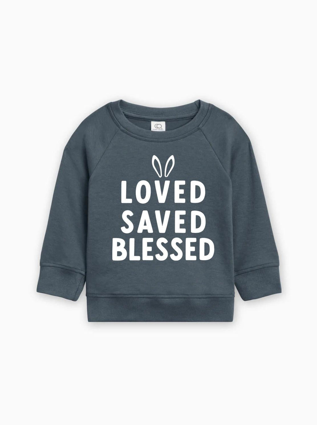 Charcoal baby pullover sweatshirt with 'LOVED SAVED BLESSED' bunny graphic