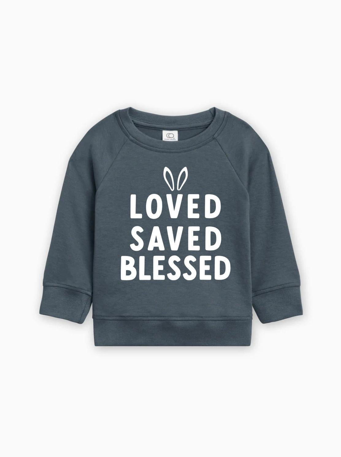 Charcoal baby pullover sweatshirt with 'LOVED SAVED BLESSED' bunny graphic