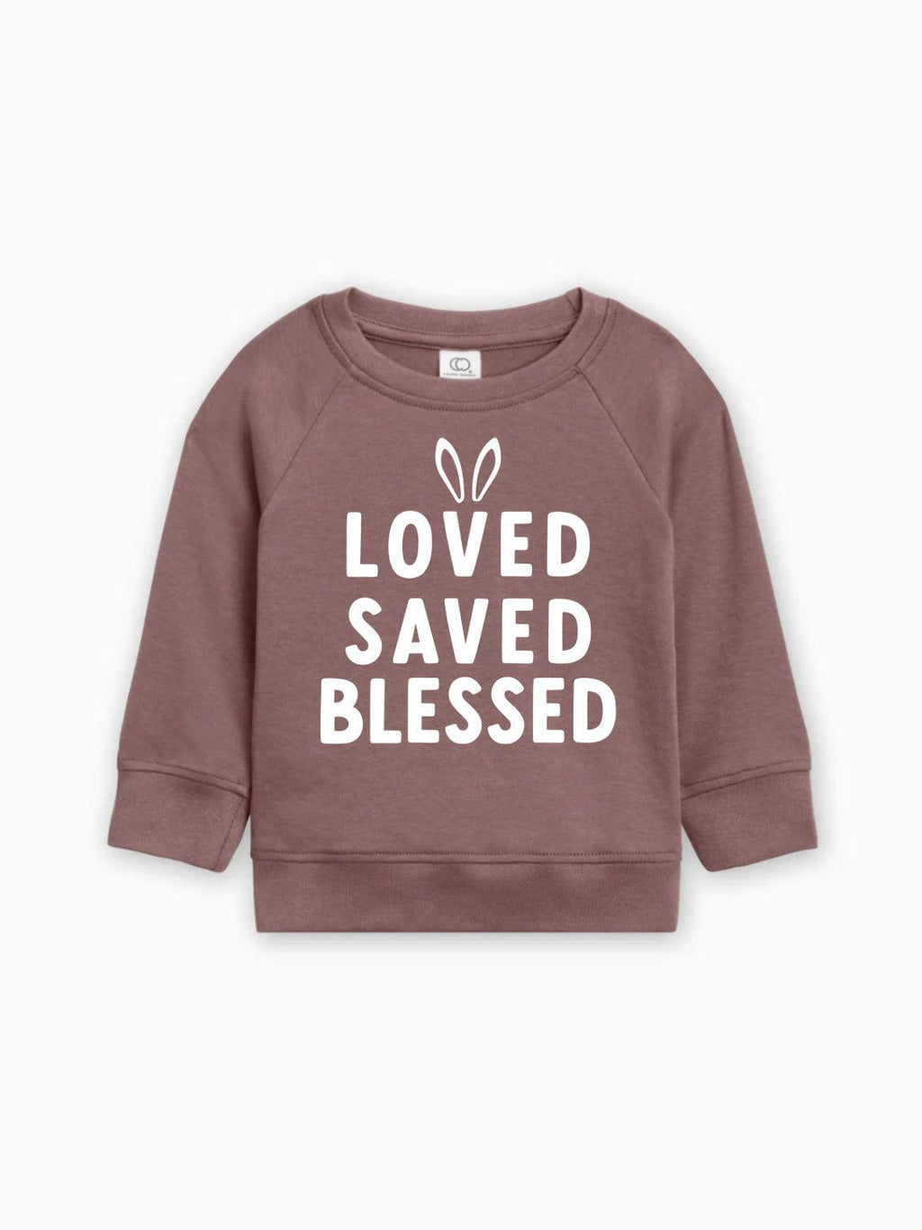 Cocoa baby pullover sweatshirt with 'LOVED SAVED BLESSED' bunny graphic
