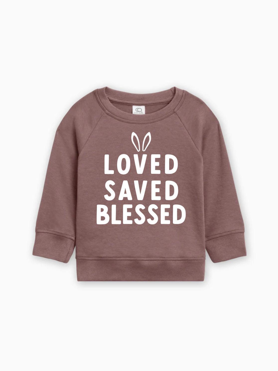 Cocoa baby pullover sweatshirt with 'LOVED SAVED BLESSED' bunny graphic