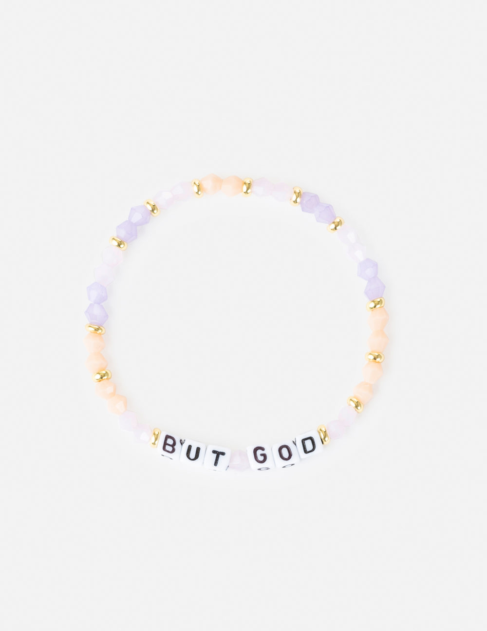 Letter bracelet with purple and peach beads and gold accents, spelling “BUT GOD”.