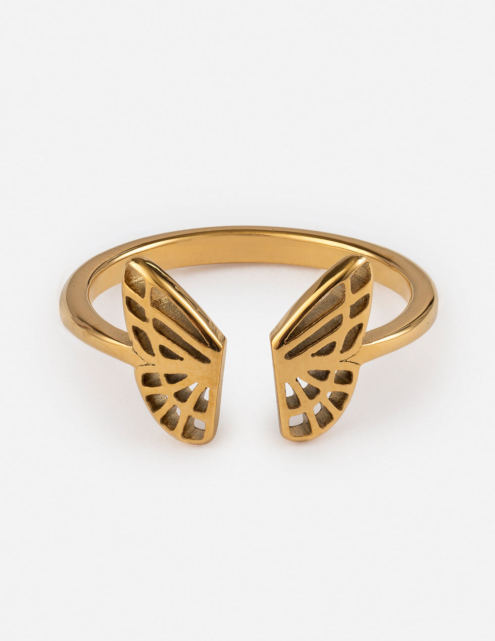 Gold butterfly ring with openwork wing details and smooth band, front view
