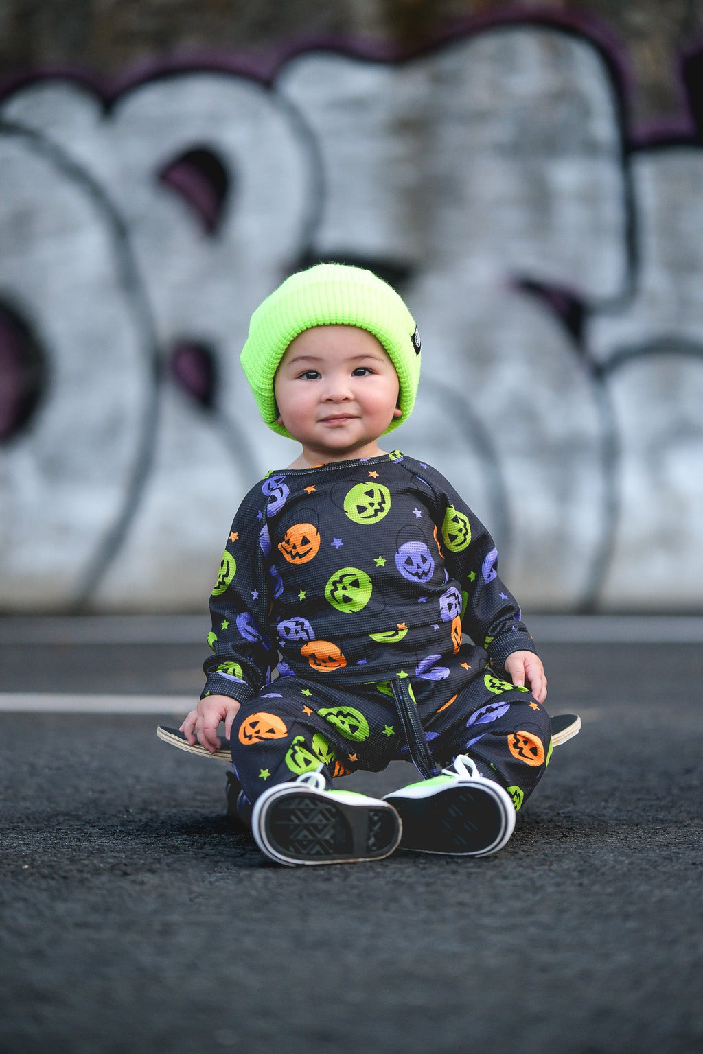 Kids waffle pajama set, dark navy long sleeves and pants with Halloween character prints