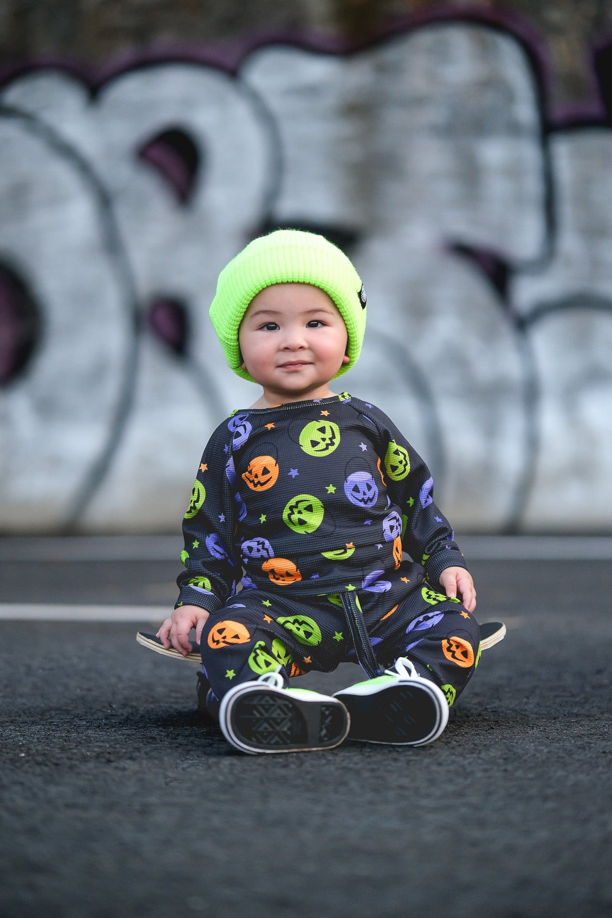 Kids waffle pajama set, dark navy long sleeves and pants with Halloween character prints