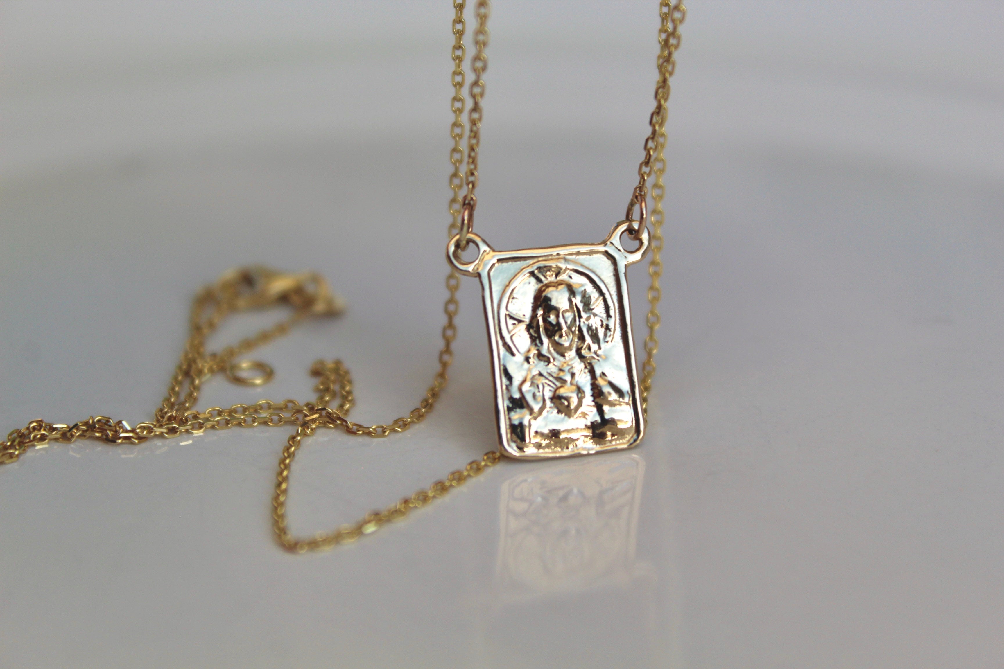 14K gold scapular necklace with square saint portrait pendant and glossy gold finish