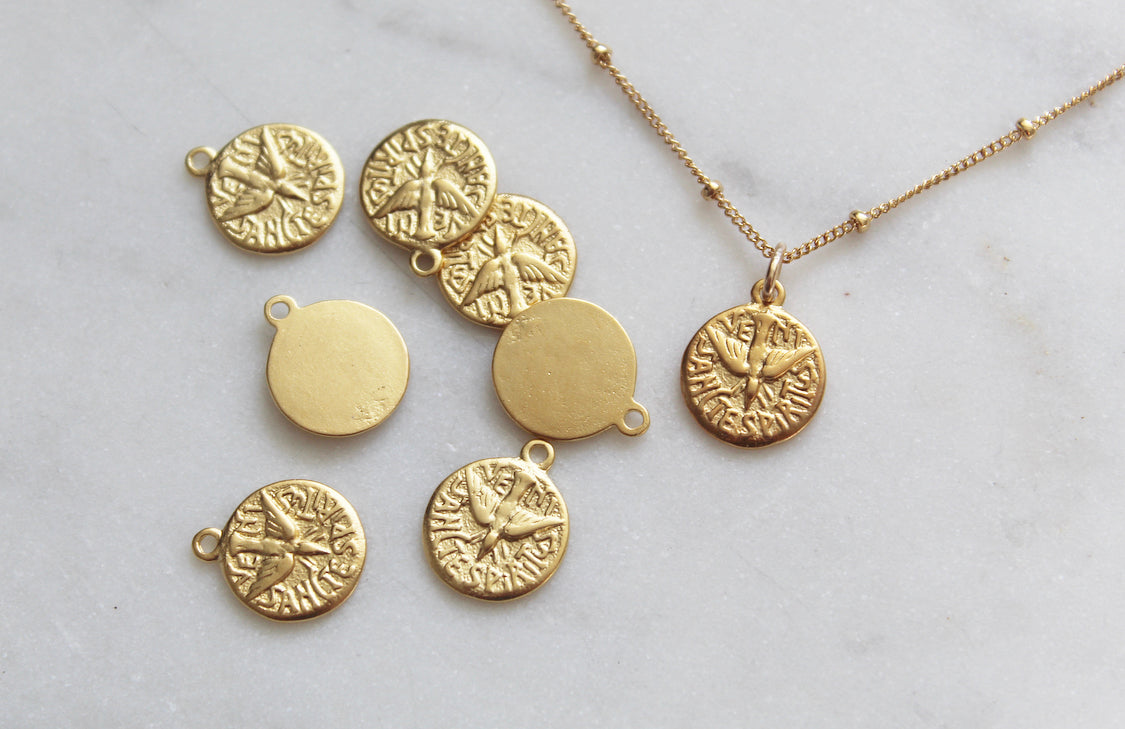 Gold coin-style Holy Spirit pendant charms with matching chain links