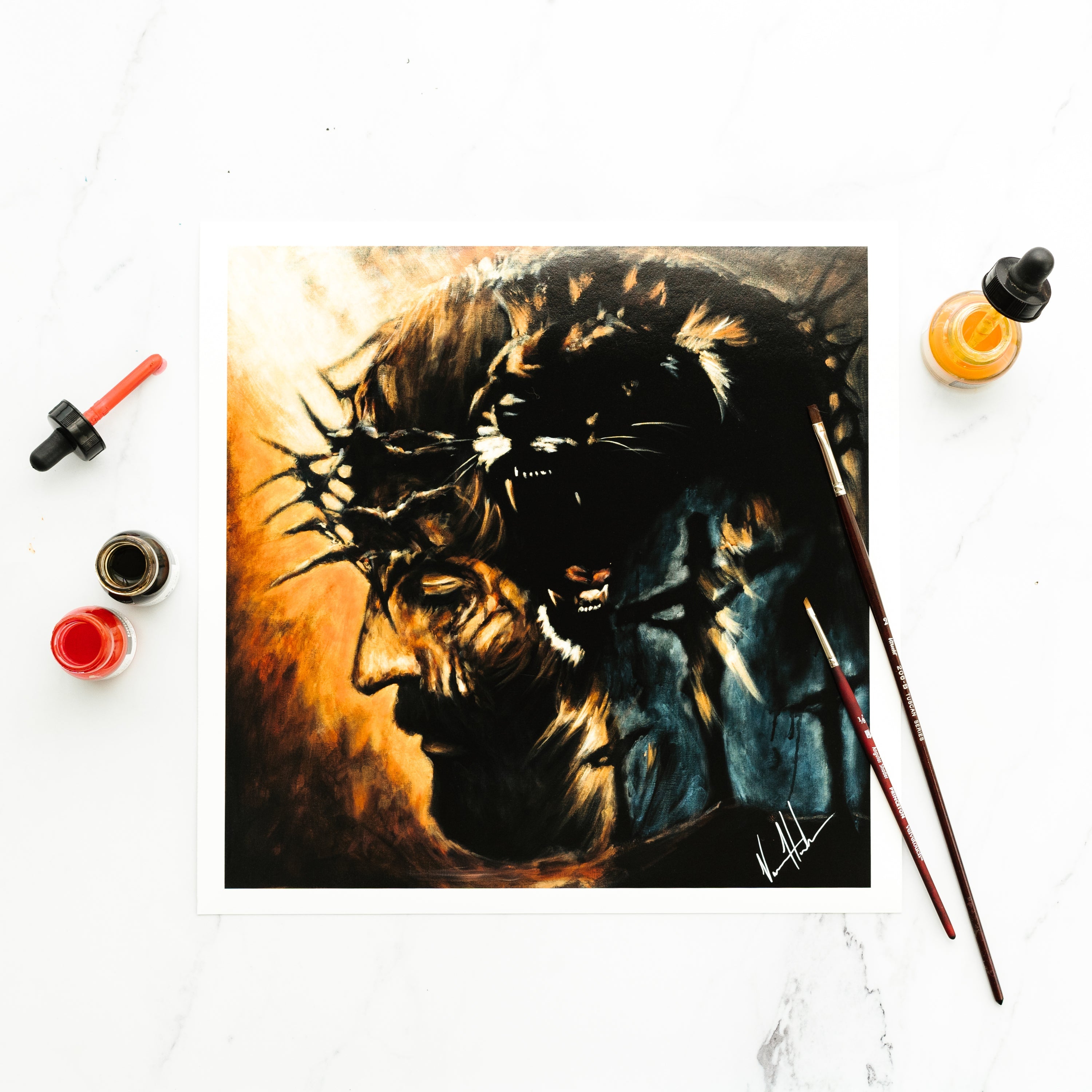 Square lion portrait art print with black mane and warm orange face lighting