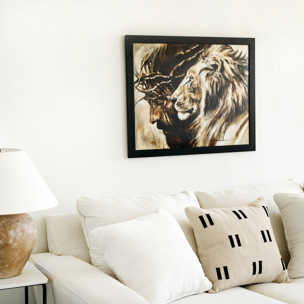 Framed Heaven's Grace lion portrait print with black frame and golden mane