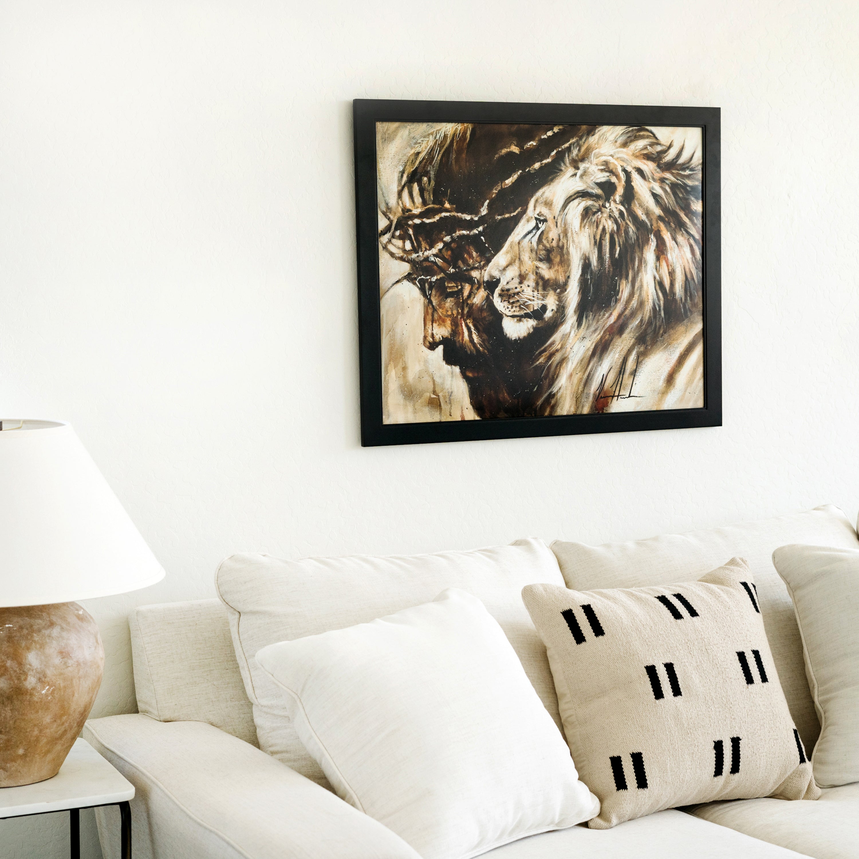 Framed Heaven's Grace lion portrait print with black frame and golden mane