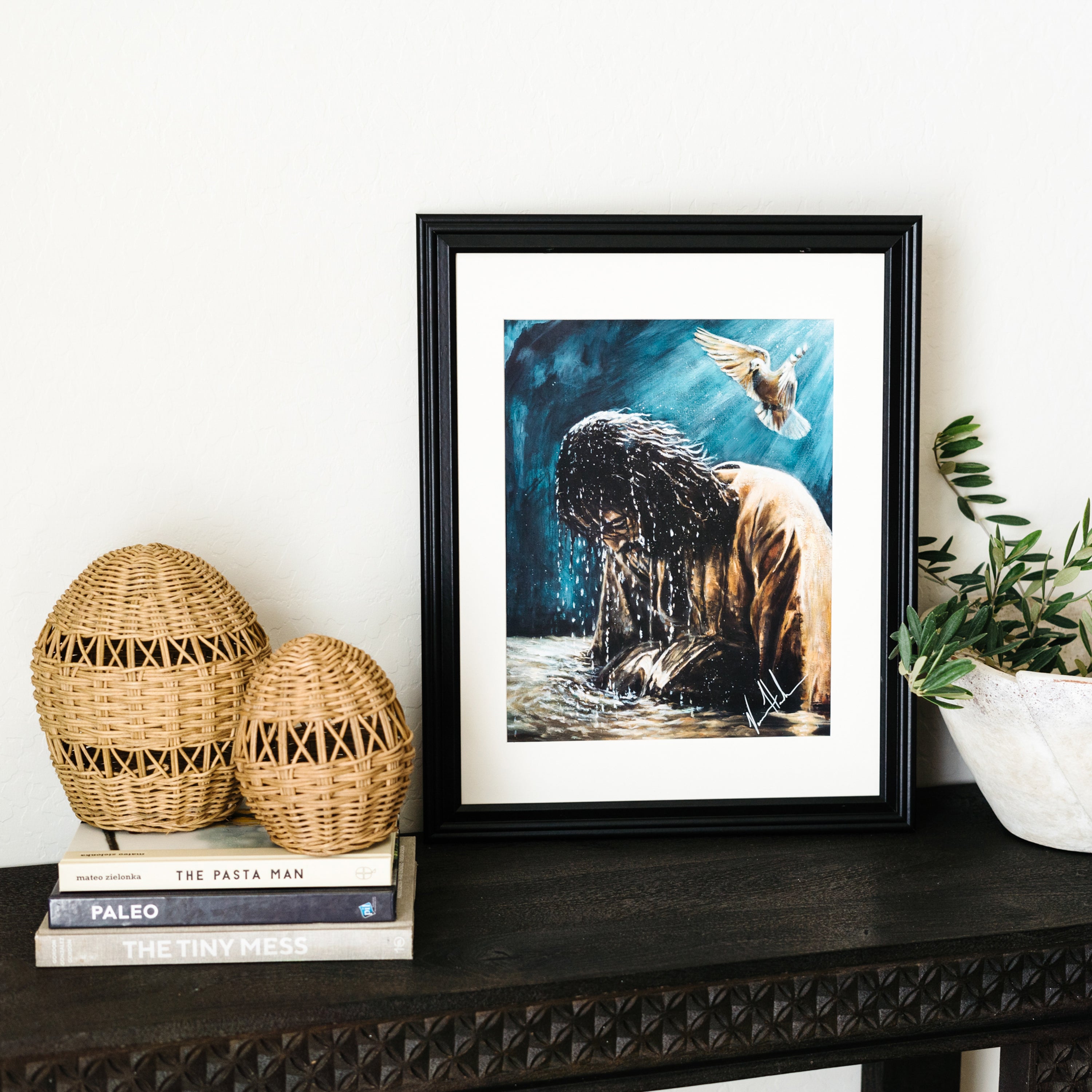 Framed horse wall art print with blue background and dark splash details