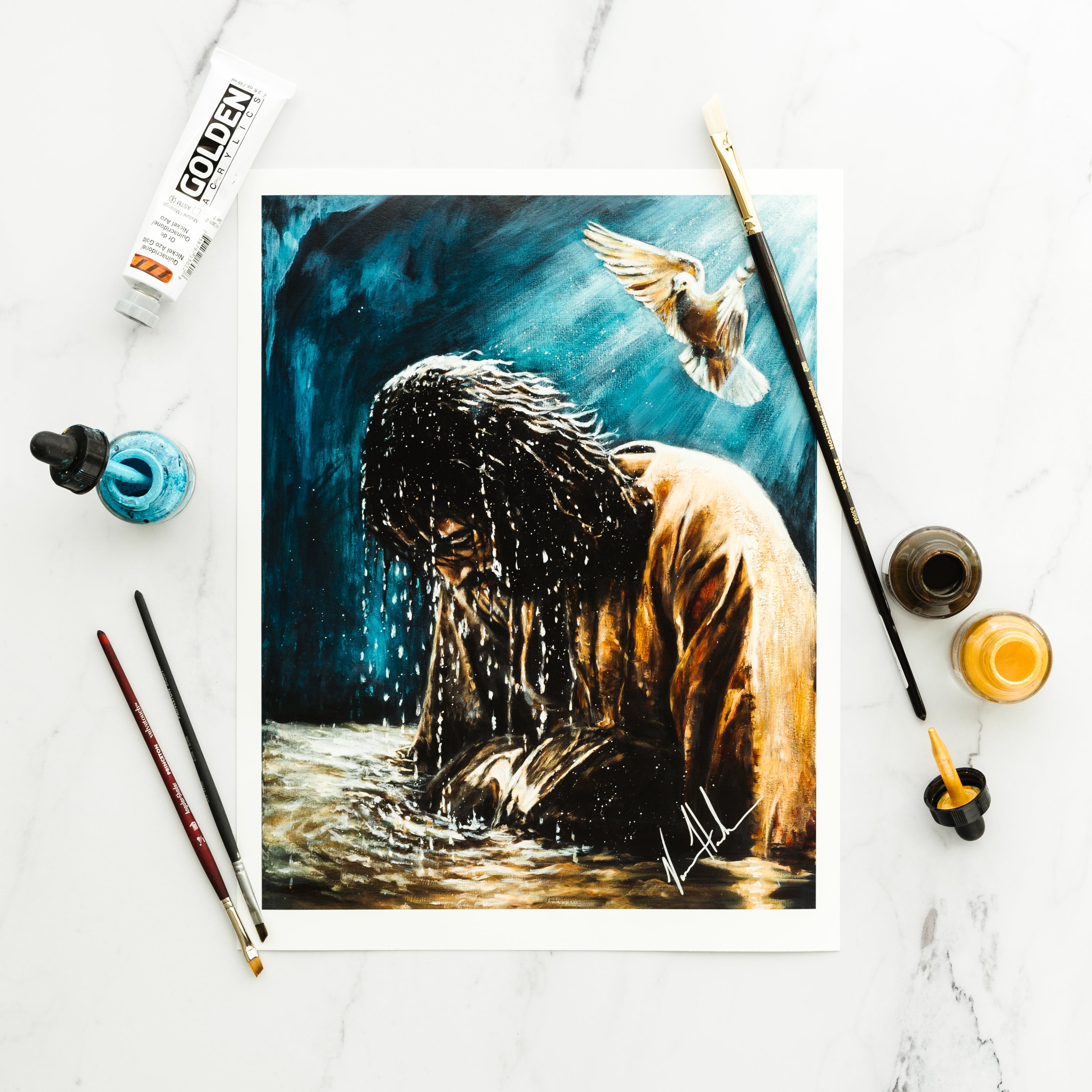 Unframed animal art print featuring a dog in water with a bird flying overhead