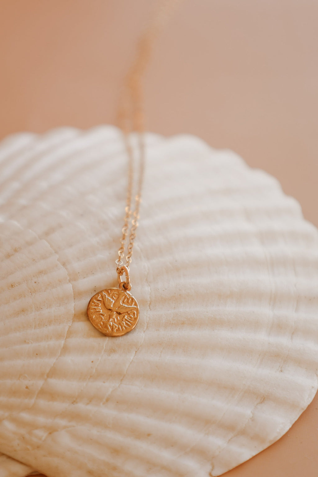 Gold chain necklace with round coin-style Holy Spirit pendant