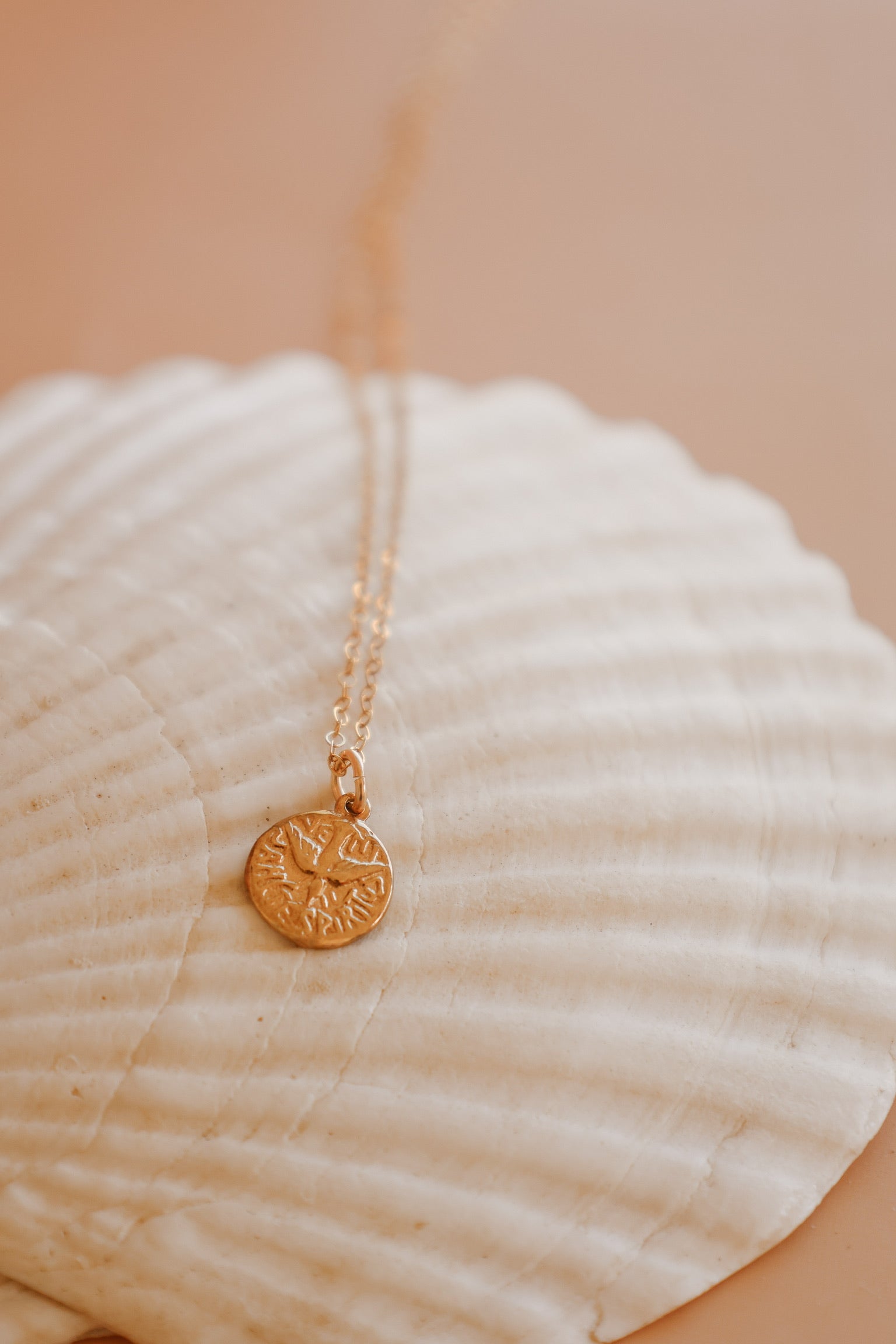 Gold chain necklace with round coin-style Holy Spirit pendant