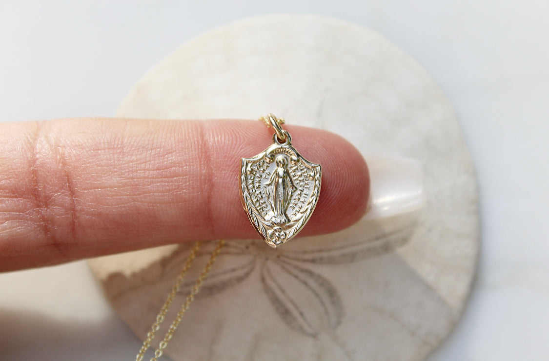 14K gold shield pendant necklace, Miraculous Medal style figure on bail